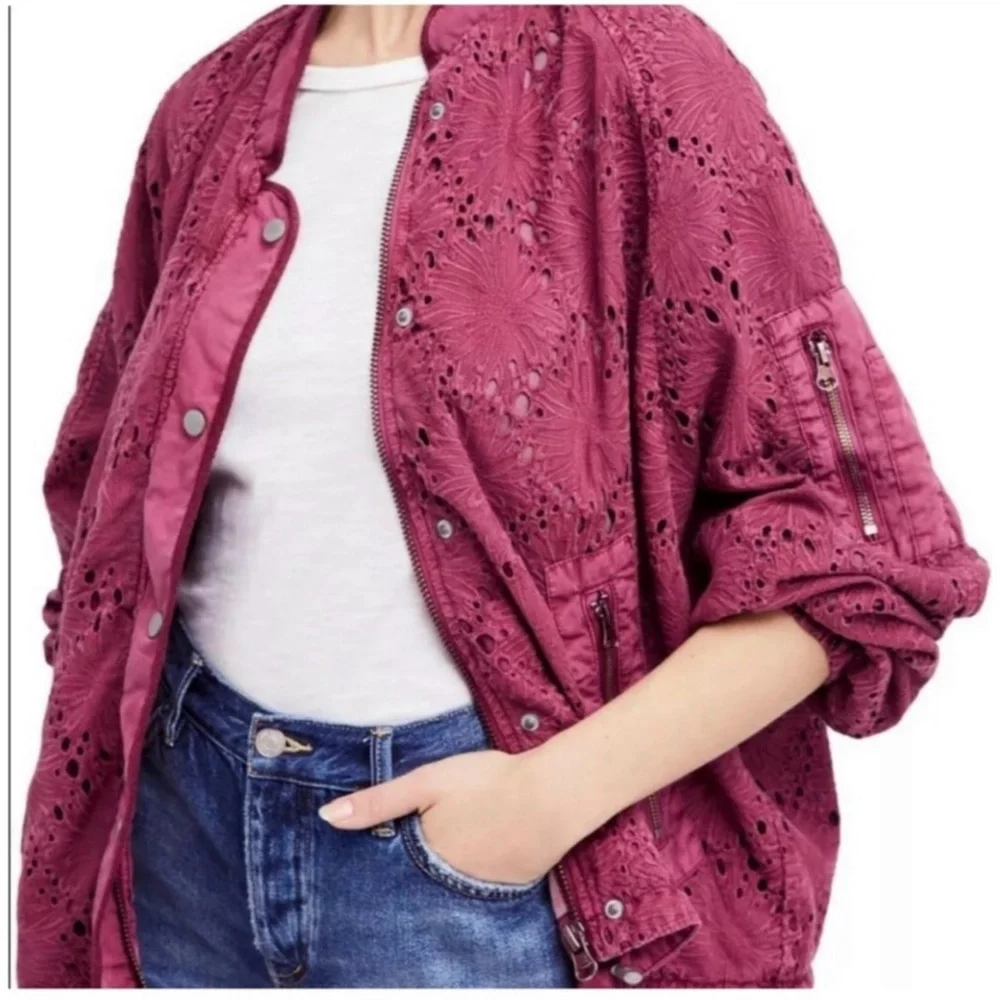 Free People Daisy Jane Eyelet Embroidered Bomber Jacket